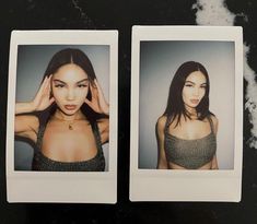 two polaroid photos of a woman with dark hair and no bra, one has her hands on her head