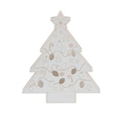 a wooden christmas tree with ornaments on it