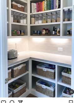 an organized pantry with lots of shelves and bins for food items, including books