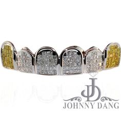 JDTK-S-5060-c-Yellow & White invisible Block Grillz - Johnny Dang & Co Luxury Yellow Gold Jewelry With Diamond Markers, Designer White Cubic Zirconia Jewelry, Luxury Yellow Diamond Jewelry, Teeth Grill, Grills Teeth, Rose Diamond, Diamond Color, Princess Cut Diamonds, Yellow Diamond