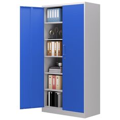 a tall blue cabinet with books and binders