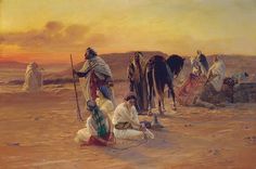 a painting of people in the desert with camels