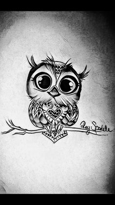 an owl sitting on top of a tree branch with the word love written in it