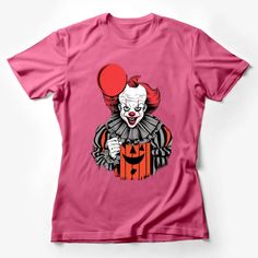 Creepy Clown T-Shirt, Halloween Red Balloon Graphic Tee, Spooky Horror Movie Inspired Shirt, Unisex Female T-Shirt Custom graphic T-Shirt.Customize your color Red Short Sleeve T-shirt For Fall, Red Screen Print T-shirt For Fall, Red Cartoon Print Graphic Tee, Red Novelty Cotton T-shirt, Red Graphic Tee For Fall, Red Cotton Novelty T-shirt, Halloween Pop Culture T-shirt With Funny Print, Red Halloween T-shirt With Graphic Print, Red Halloween Graphic T-shirt