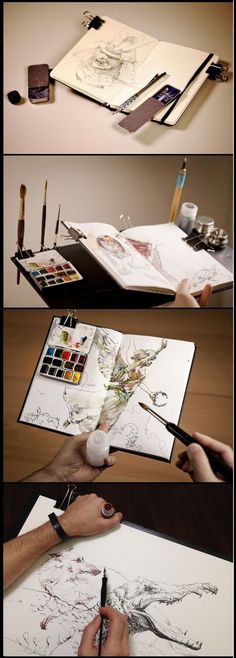 three different views of an artist's desk with pens and paper on it, including a drawing book