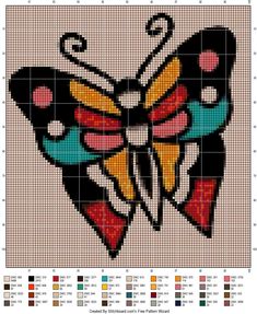 a cross stitch pattern with a colorful butterfly on it's back and the words, `