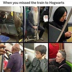 several pictures of harry potter as a tikk metro train conductor and passenger on the subway