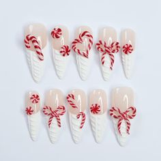 Festive Long Almond Press-on Nails: White Sweater Print French Tips With Candy Cane Design Perfect Holiday Gift for Her This Christmas - Etsy Christmas Almond Nails Holidays, Christmas Cookie Nails, Christmas Junk Nails, Christmas Vacation Nails, Kawaii Christmas Nails, Nutcracker Nails, French Tip Christmas Nails, Almond Christmas Nails