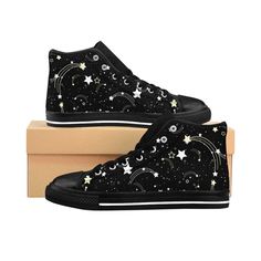 Mens Shooting Star Space Shoes Sneakers Black White Monochromatic Pastel Goth Couture Witchy Wicca Witchcraft Celestial Starfield Footwear Space Aesthetic Outfit, Star Themed Outfits, Goth Couture, Star Clothes, Witchy Mom, Wishlist Shoes, Space Clothes, Space Shoes, Closed Species