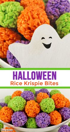 halloween rice krispie bites in a white bowl with a ghost on the top and green, orange, and purple cereal balls below