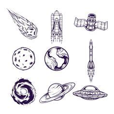 an image of different space related objects