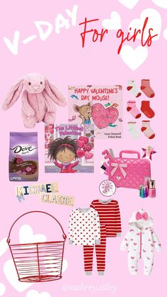 valentine's day gifts for girls on pink background with hearts and text overlay