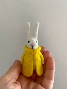 a person holding a small stuffed animal in their left hand and wearing a yellow coat