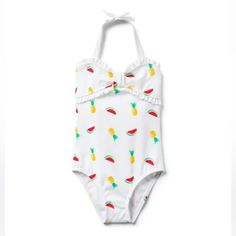 Super Cute Janie And Jack Swimsuit At Beautiful Fruits Print Design With Ruffles Details. New With Out Tag . Size 7 Playful White One-piece Swimwear, White Ruffled Swimwear For Play, Fun White Sleeveless Swimwear, Jack Fruit, White Fruit, Swimsuits Outfits, Beautiful Fruits