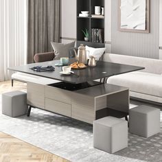 a living room with a couch, coffee table and ottoman