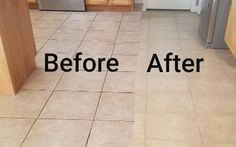 before and after photos of a tile floor cleaning job in an empty kitchen with wood cabinets