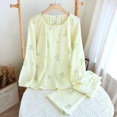 Long Sleeve Sets For Spring Daywear, Spring Long Sleeve Daywear Sets, Casual Long Sleeve Yellow Sleepwear, Green Long Sleeve Daywear Sets, Yellow Long Sleeve Sets For Daywear, Yellow Sleep Top For Spring, Pajama Set Cotton, Korean Pajamas, Cotton Pajama Set Women