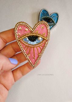 Brooch Embroidery, Eye Brooch, Swarovski Brooch, Heart Eye, Embroidery Brooch, Embroidered Brooch, Embroidery Hearts, Pink Eye, Embroidered Gifts