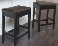 two stools sitting next to each other in front of a counter