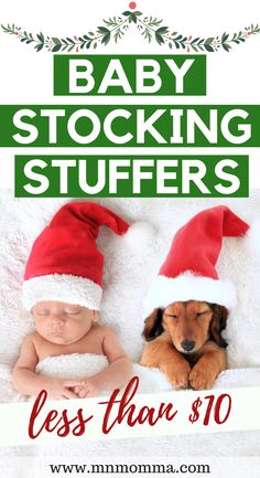 a baby sleeping next to a dog wearing santa hats with the words baby stocking stuffers less than $ 10