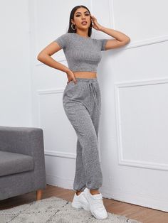 SHEIN Rib-knit Crop Top & Pants Set | SHEIN USA Blusas Crop Top, Crop Top Pants Set, Drape Pants, Stylish Glasses, Top Pants Set, Urban Wear, Knit Crop Top, Knit Crop, Two Piece Outfit