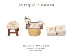 an advertisement for antique flowers featuring stools and desks with flowered covers on them