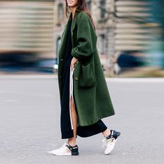 Women Plain Woolen Coat Warm Outerwear With Pocket – Julsia Looks Street Style, Fashion Weeks, Woolen Coat, Sporty Chic, Inspired Outfits, Look Vintage