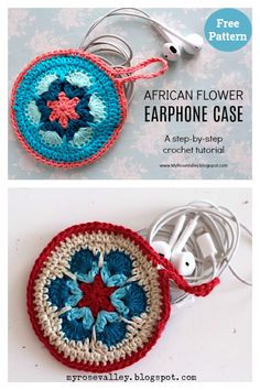 an image of a crocheted phone case with earphones attached to it and the text, african flower earphone case