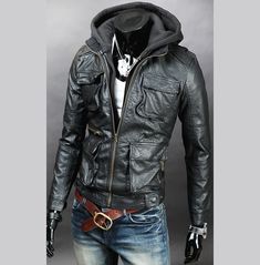 Hooded Leather Jacket, Hoodie Fabric, Leather Jacket With Hood, Mens Fashion Rugged, Rugged Style, Jackets Men Fashion, Herren Outfit, Biker Leather, Black Leather Jacket