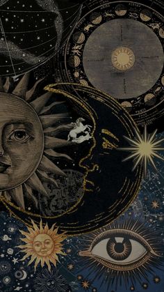 the sun and moon are depicted in this collage with stars, planets, and other things