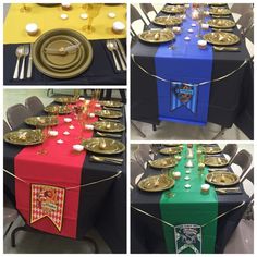 the table is set with gold plates, silverware and black napkins on it