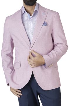 Paisley satin fabric adds a pop of color to the lining and handkerchief of a sport coat cut from mini shadow plaid fabric in a modern silhouette. Two-button closure Notched lapels Nonfunctional four-button cuffs Chest patch pocket; front patch pockets Side vents Lined 80% polyester, 18% rayon, 2% spandex Dry clean Imported Pink Blazer With Welt Pockets For Spring, Spring Pink Blazer With Welt Pockets, Pink Spring Blazer With Welt Pockets, Formal Pink Outerwear With Welt Pockets, Pink Formal Outerwear With Welt Pockets, Formal Fitted Pink Sport Coat, Pink Fitted Sport Coat For Formal Occasions, Spring Pink Outerwear With Welt Pockets, Pink Spring Outerwear With Welt Pockets