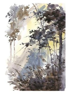 watercolor painting of trees in the woods