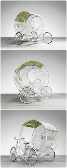 three different views of a bicycle that is made out of wire and plastic, with the wheels