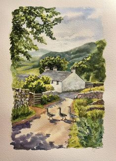 a watercolor painting of two geese walking down a country road by a cottage in the countryside