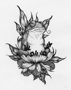 a drawing of a frog sitting on top of a flower with leaves and flowers around it