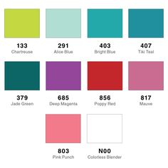 the color chart for different shades of pink, blue, green and yellow with text that reads