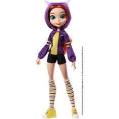 the doll is wearing a purple outfit and striped socks with horns on it's head