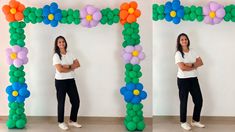 two photos of a woman standing in front of a balloon flower frame with her arms crossed