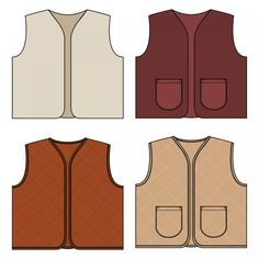 four vests with different colors and patterns, one in brown, the other in white