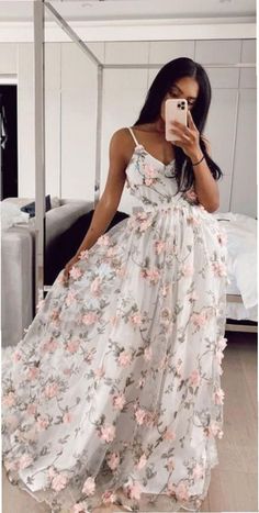 SP1434,3D flowers spaghetti straps a-line white long prom dresses · SofieProm · Online Store Powered by Storenvy Prom Dresses Floral, White Prom Dress Long, Thai Peanut, Peanut Chicken, Floral Dress Formal, Floral Wedding Dress, Long Prom Dresses, A Line Prom Dresses, Dresses Floral