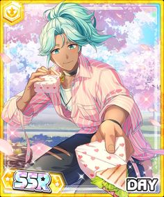 an anime character with blue hair sitting on top of a table next to a pink sky