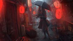 a woman holding an umbrella walking down a street in the rain with lanterns around her