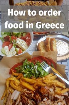 a plate full of food with the words how to order food in greece