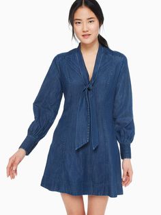 Kate Spade tie-neck denim dress Winter Denim Dress, Turtleneck Layering, Womens Fashion Casual Summer, Dress 2024, Dress Images, Tie Dress, Denim Mini, Tie Neck, The Dream