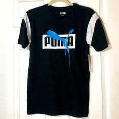 Black Puma Tee With Blue Vinyl Logo On Front. Size Large. Black Sporty Puma Logo T-shirt, Black Puma Graphic Tee, Black Sporty T-shirt With Puma Logo, Casual Black Tops With Puma Logo, Sporty Black T-shirt With Puma Logo, Sporty Black Puma Logo T-shirt, Casual Black Top With Puma Logo, Black Sporty Top With Puma Logo, Sporty Black Top With Puma Logo