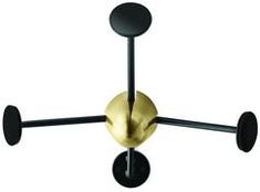 a black and gold ceiling fan with four lights on each side, one light is turned off