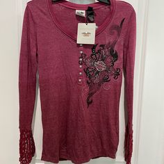 Harley Davidson Shirt, Sz M, Nwt Heather Maroon Long Sleeve Top For Fall, Casual Heather Maroon Long Sleeve Top, Casual Long Sleeve Heather Maroon Top, Burgundy Clothes, Black Harley Davidson, Lace Long Sleeve Shirt, Harley Davidson T Shirts, Hooded Tee, Grey Long Sleeve Shirt