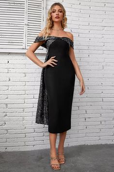 Cali Black Sequin Midi Dress Off Shoulder Neckline, Ribbon Dress, Sequin Midi Dress, Bandage Midi Dress, Black Off Shoulder, M 4, One Piece Dress, Shoulder Design, Back Design