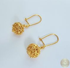 "★ Traditional Croatian filigree ball earrings, handcrafted in solid 14 k gold. Replicas of 19th century Ethnic, Heritage jewelry from Dubrovnik - Dalmatia region. Simple in style, versatile to wear with any outfit, and perfect for any occasion. Earrings end with secure - latching type of ear-wires. ★ *These earrings are handmade on order in 7-10 business days* Due to the handmade creation, every pair is unique, so there can be tiny variations in dimensions of the finished earrings. They are on Byzantine Filigree Earrings For Gift, Byzantine Filigree Earrings As Gift, Gift Yellow Gold Filigree Bridal Earrings, Gold Ball Earrings, Filigree Pendant Necklace, Gold Filigree Earrings, Ethnic Wedding, Heritage Jewellery, Filigree Jewelry